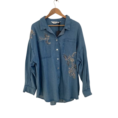Virtuelle Womens  Size 24 Denim Button Up Top / Long Sleeve Top Blue 