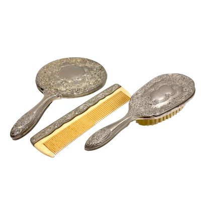 Vintage Silver Plated Vanity 3pc Set Ornate Dresser Set Victorian Romantic