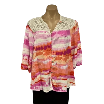 Womens approx Size M  Orange / Pink  / White Pattern Button up Short Sleeve Top