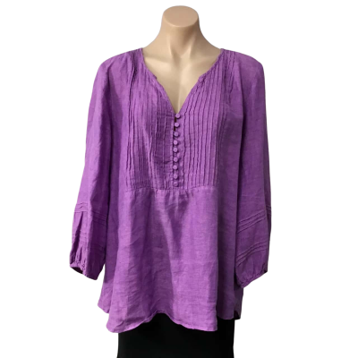 Blue Illusion Womens approx Size XL Purple Linen Pin-tuck Detail 3/4 Sleeve Top