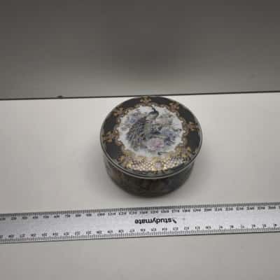 Japanese Porcelain Peacock Round Trinket Box Lid Gold Accent Japanese Stamp