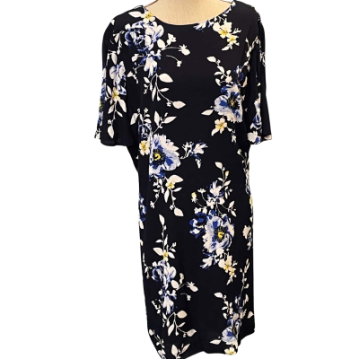 Tokito Womens Size 14 Short Sleeve/Knee Length Dress Floral/Navy Blue/White/Yellow