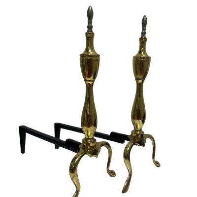 Vintage brass andirons cast iron 