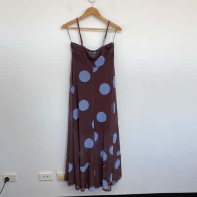 YH & Co Chocolate Blue Spot Lutana Maxi Dress Size 10 