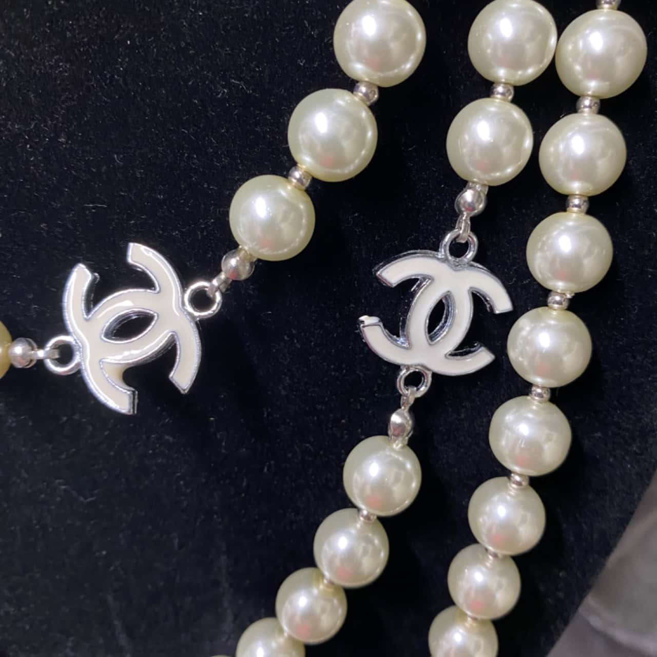 Extra Long White Faux Pearl Glass Necklace w/ Enamel Bead Accents (s)