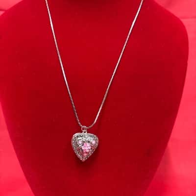  Women's Silver Tone Necklace featuring a Heart Shape Locket Adorned with Pink Rhinestones