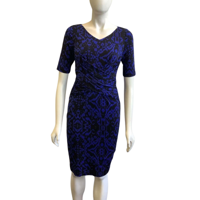 Anthea Crawford Women's Size 8 Short Sleeve Midi Dress Black & Blue Pattern 