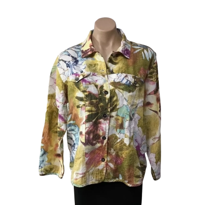 Chico's Womens Size 2 Multicoloured Pattern 100% Linen Button up Jacket