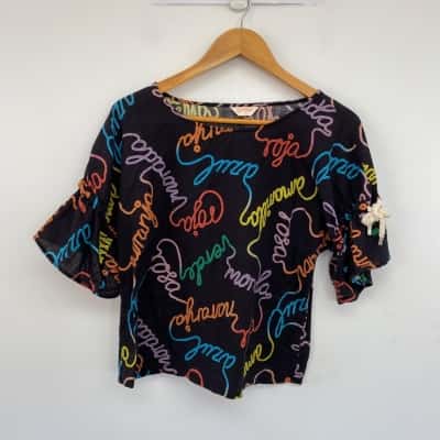 Gorman Black Colourful Short SLeeve Top  Size 8 