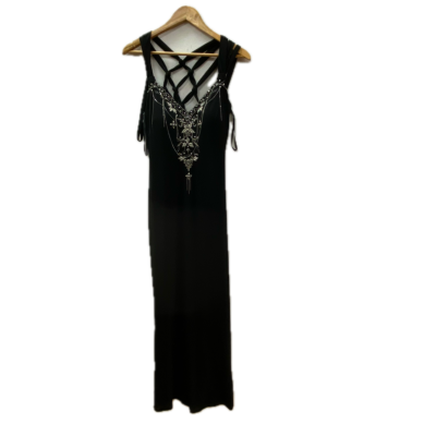 Demetrios Evening Womens Dress Size 12 Black Beaded with Criss Cross Back Design