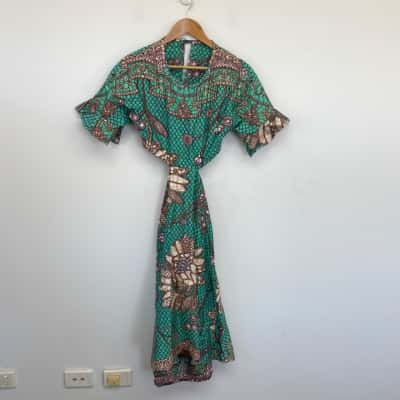 Raw Cloth Green Pattern Open Back Short SLeeve Midi Dress  Size 8