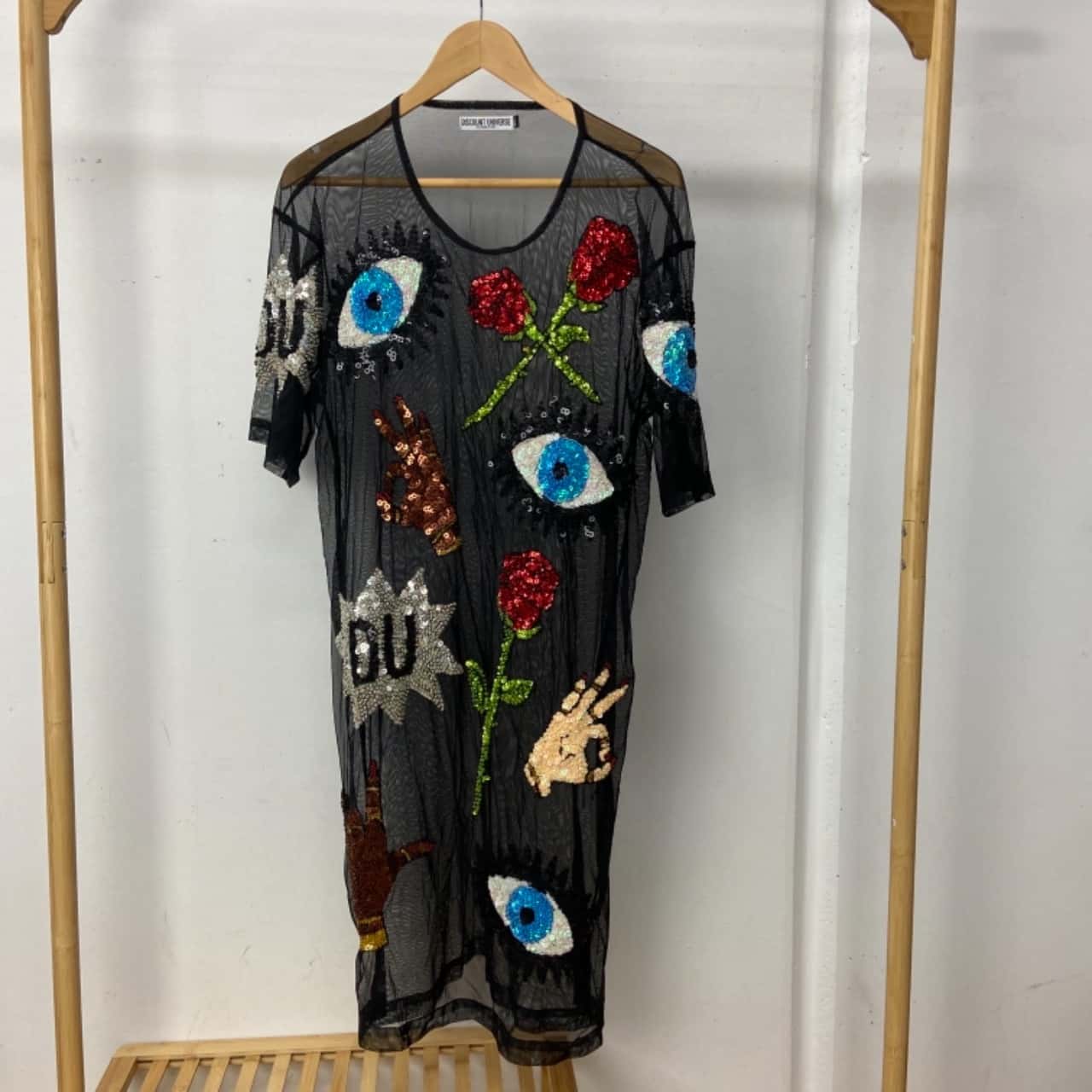Discount Universe Funky Sheer Sequin Size L / M Short Sleeve Dress Black (s)