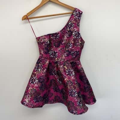 Showpo Pink Floral Narda One SHoulder Fit And Flare Mini Dress  Size 10