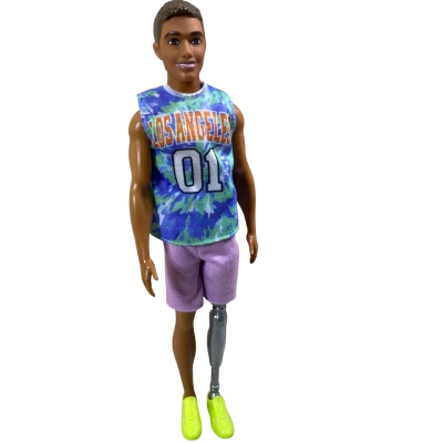 Barbie Fashionistas Ken Doll #212 features a distinctive tie-dye "Los Angeles" jersey and a realistic prosthetic leg.