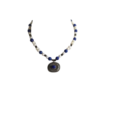  Lapis Lazuli & Freshwater Pearl Necklace with S/S 925 Filigree Pendant Blue / White 