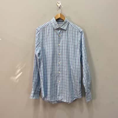  Hardy Amies  Mens  Size 39 Long Sleeve Shirt Blue / Checked / White 