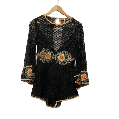 Indikah Womens  Size 10 Long Sleeve Playsuit Embroidered Flower Black  