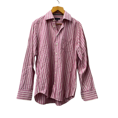 Tommy Hilfiger Mens Size 39 Button Up Top Pink  / Pinstriped / White 