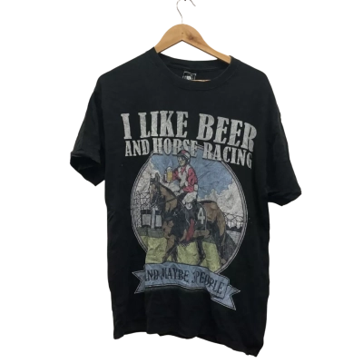 Uncle Reco Mens  Size L Beer + Horse racing Short Sleeve T-shirt Black  