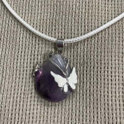  Womens Amethyst and Butterfly Necklace on White Cord