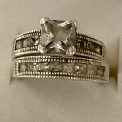  Women's Matching Sterling Silver Princess Engagement Ring & Wedding Ring Set with Cubic Zirconia Stones