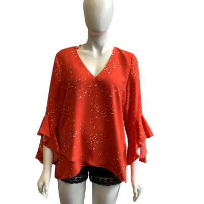 Vince Camuto Women's Size L Ruffle Sleeve Blouse Red Pattern 
