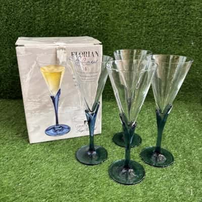 Vintage Florian Bleu Champagne Glasses x 4 (Boxed)