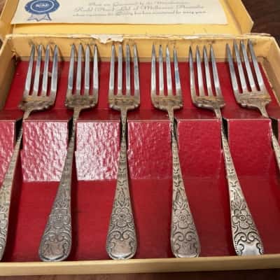 Vintage set Rodd Jasmine Electro Plated Nickel Silver Cutlery Forks Collectable Wedding Birthday Gift 5 Fruit/Sweet Dessert Forks, Shell Scalloped