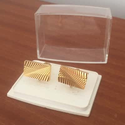  Vintage Mens Cufflinks Gold Colour Metal Geometric Pattern in Original Sales Display Box