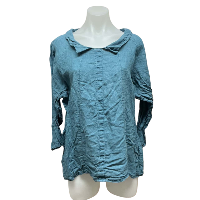 JS Millenium Womens 100% Linen Size 10 / 12 3/4 Sleeve Top Blue / Green 
