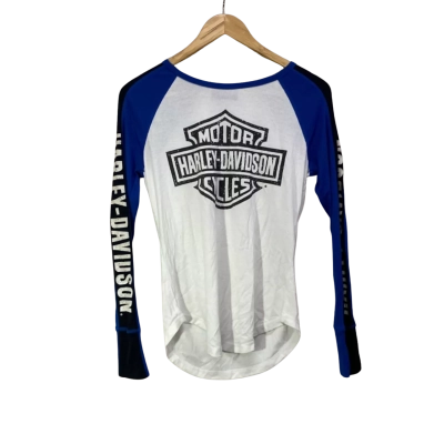 Harley Davidson Women’s Blue and White Long Sleeve Top Size S