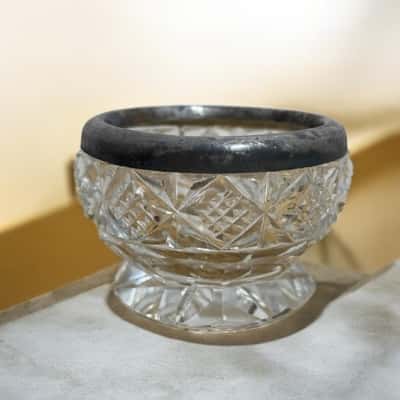 Antique cut crystal Stirling silver rim Salt cellar 