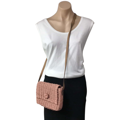Laura Jones Womens Dusty Pink Woven Cross Body Bag with Brown Strap