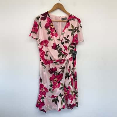 Jacqui-E Pink Floral Short SLeeve Midi Dress  Size 14 