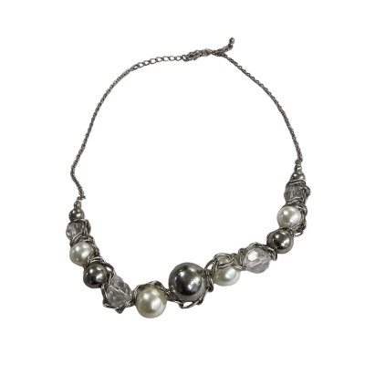 Silver & Pearl Statement Necklace - Chunky Beads with Wire-wrapped Detail