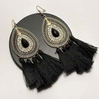   Fashion Boho Hoop Earrings with Gold Tone Teardrops & Black Tassels 