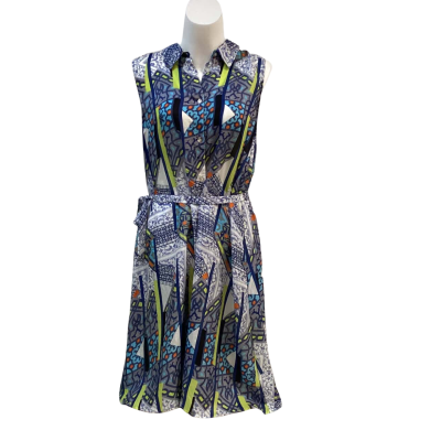 100% silk Blue Illusion Women’s Dress Size L Geometric Pattern