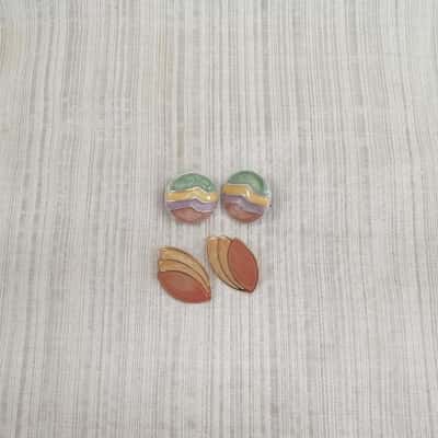 Gorgeous Two Pair Combo - Pastel Enamel Aztec Wavy Patterned Button Style Clip on Earrings & Pastel Enamel Leaf Style Pierced Earrings
