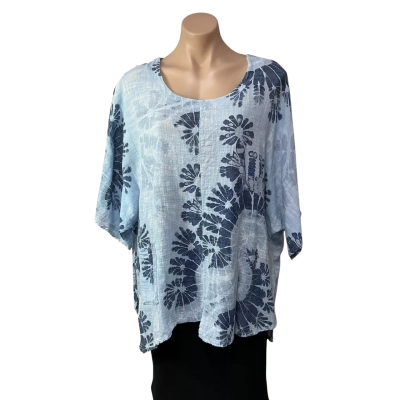 Bottega Moda Womens Size 12 / 14 Blue / Navy Blue / White Pattern Short Sleeve Top