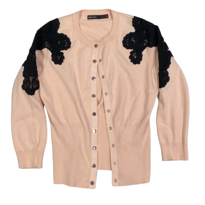 Karen Millen Size 3, Black Lace Shoulder Detailing, Light Pink, Button-Down Cardigan