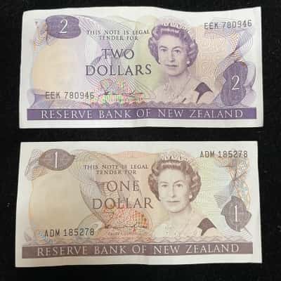 New Zealand $1 & $2 Paper Currency Notes
