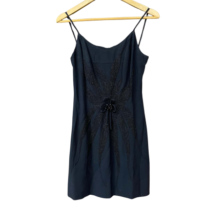 Vintage Robert L White Womens Floral Beaded Black Mini Dress