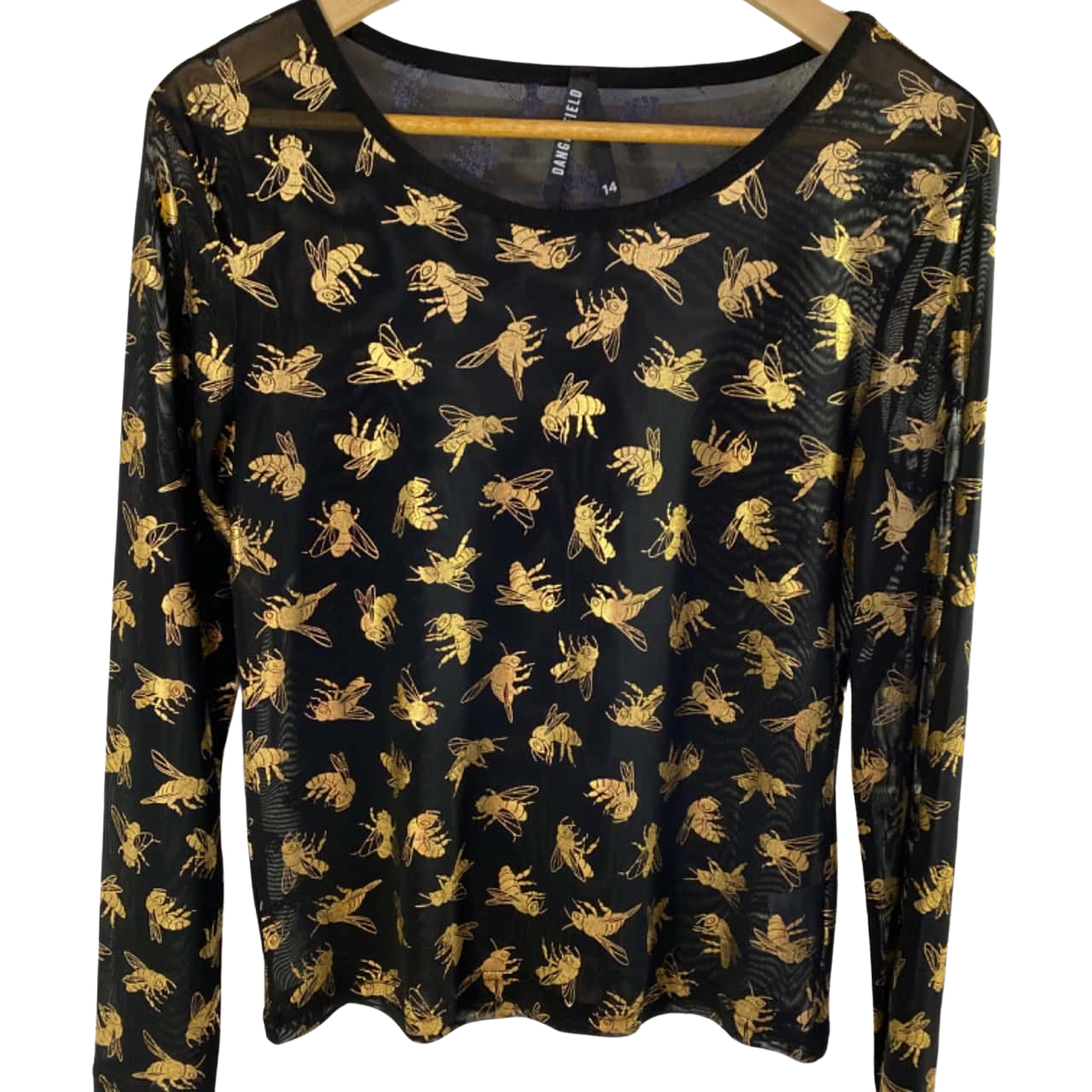 Dangerfield Womens Size 14 Long Sleeve “Bee” Top Black / Gold / Pattern