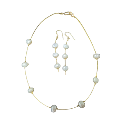 Gold-tone Necklace and Earring Set with Freshwater Pearl Beads