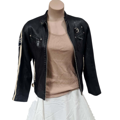  Womens  Size 6 to 8 Leather Biker Jacket Black with White Stripes