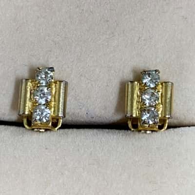  Womens Vintage Gold Tone Diamanté Trio Geometric Clip On Earrings