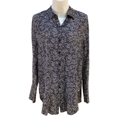 Witchery Womens Size 10 Silk Long Sleeve Shirt Navy Blue / White 