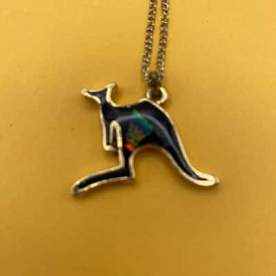  Vintage Souvenir Of Australia Necklace Kangaroo With Hand Layered Opal Slice Body Necklace 