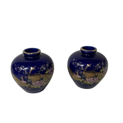 Japanese Cobalt Blue Bird & Flower Pattern 2 x Small Porcelain Vases