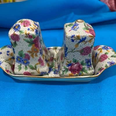 Royal Winton salt and pepper shakers with tray
